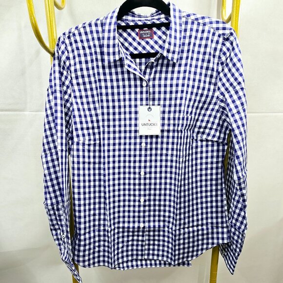 NWT UNTUCKit BELLEZA 100% COTTON GINGHAM NAVY BLUE/WHITE BUTTON FRONT SHIRT - Picture 5 of 10